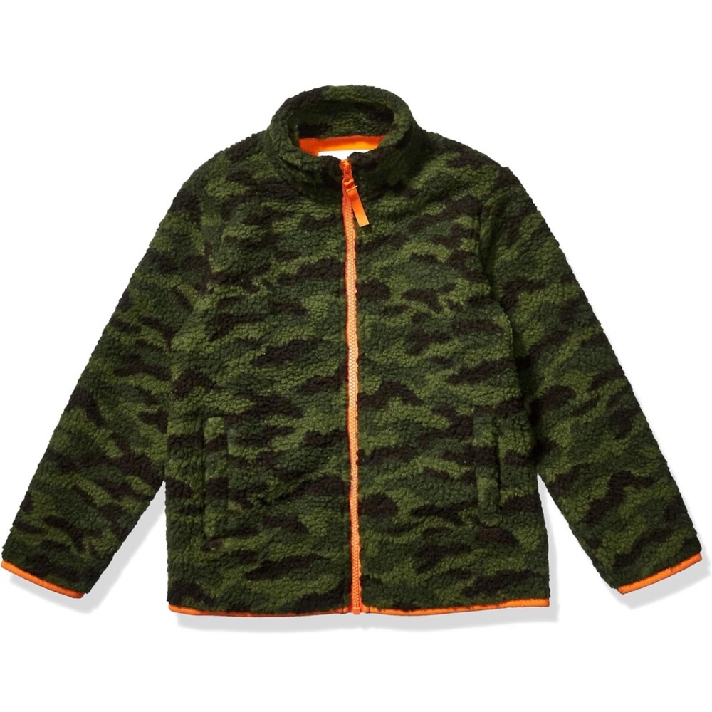 Kids Boys Green Camouflage Polar Fleece Lined Sherpa Full Zip Jacket,